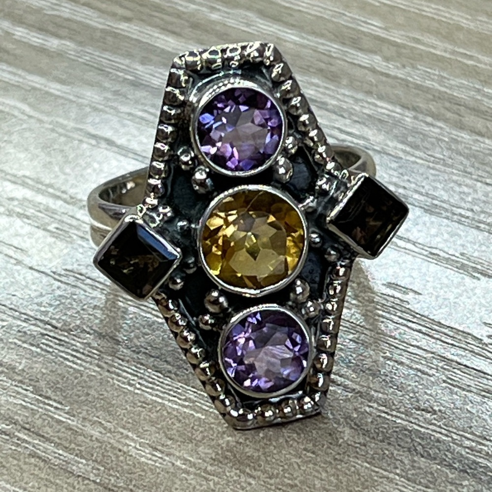 Nicky Butler Sterling Silver Citrine Amethyst Smokey Quartz Multi Gem Crest Ring